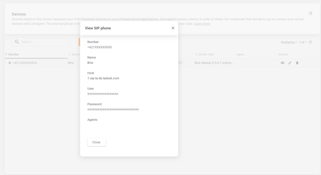 Configuración SIP de LiveAgent