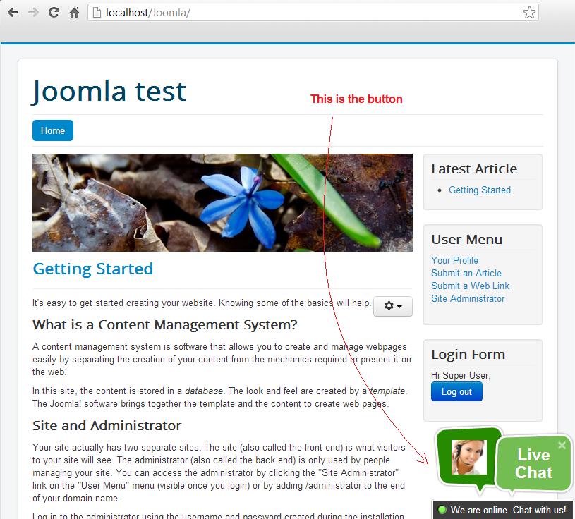 Visualización del botón de chat en vivo de Joomla