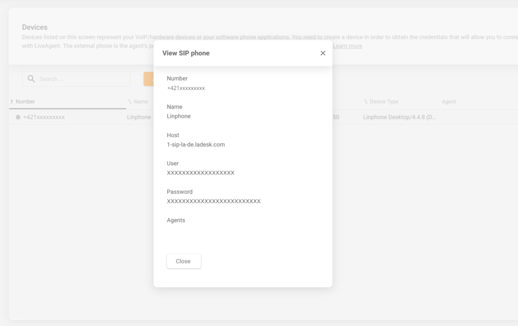 Configuración del dispositivo SIP de LiveAgent