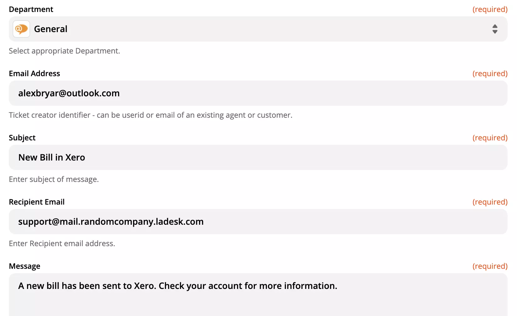 Opciones de configuración de acciones de LiveAgent en el sitio de Zapier