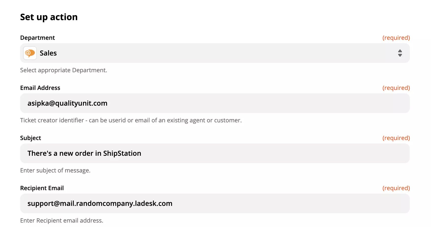 Configuración de la acción de LiveAgent