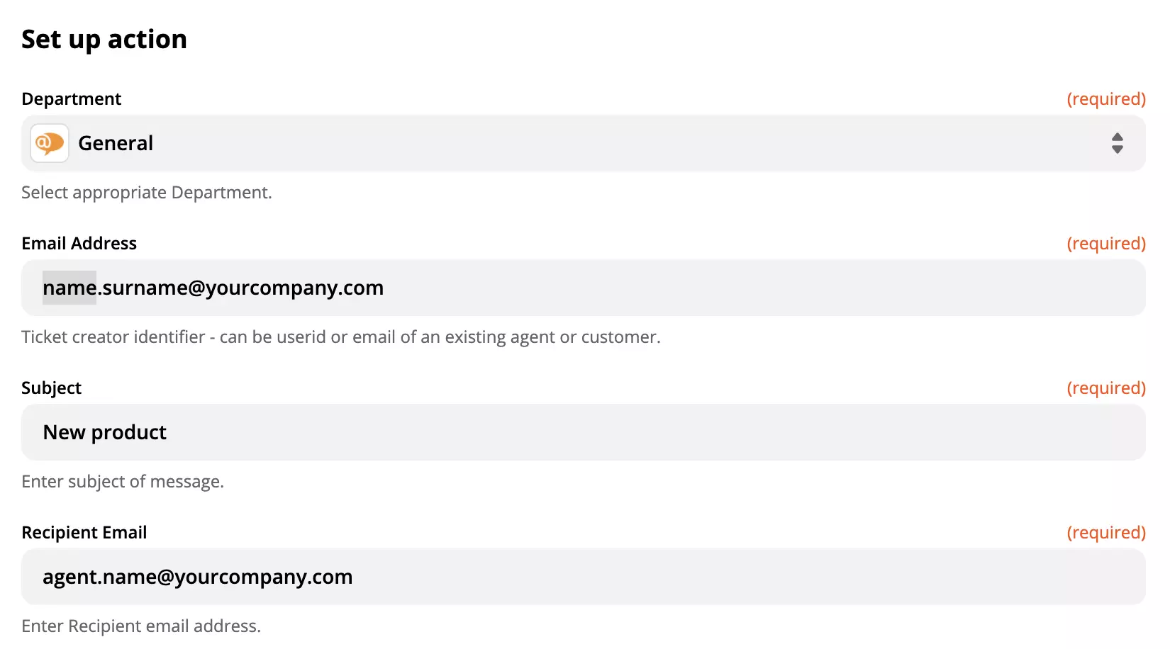 Configuración de acción de LiveAgent en la integración con Zapier