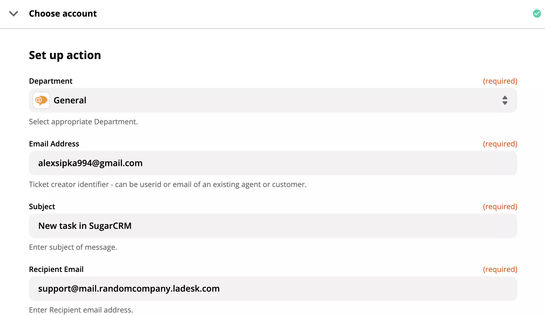 Configuración de la acción de LiveAgent en la integración de Zapier