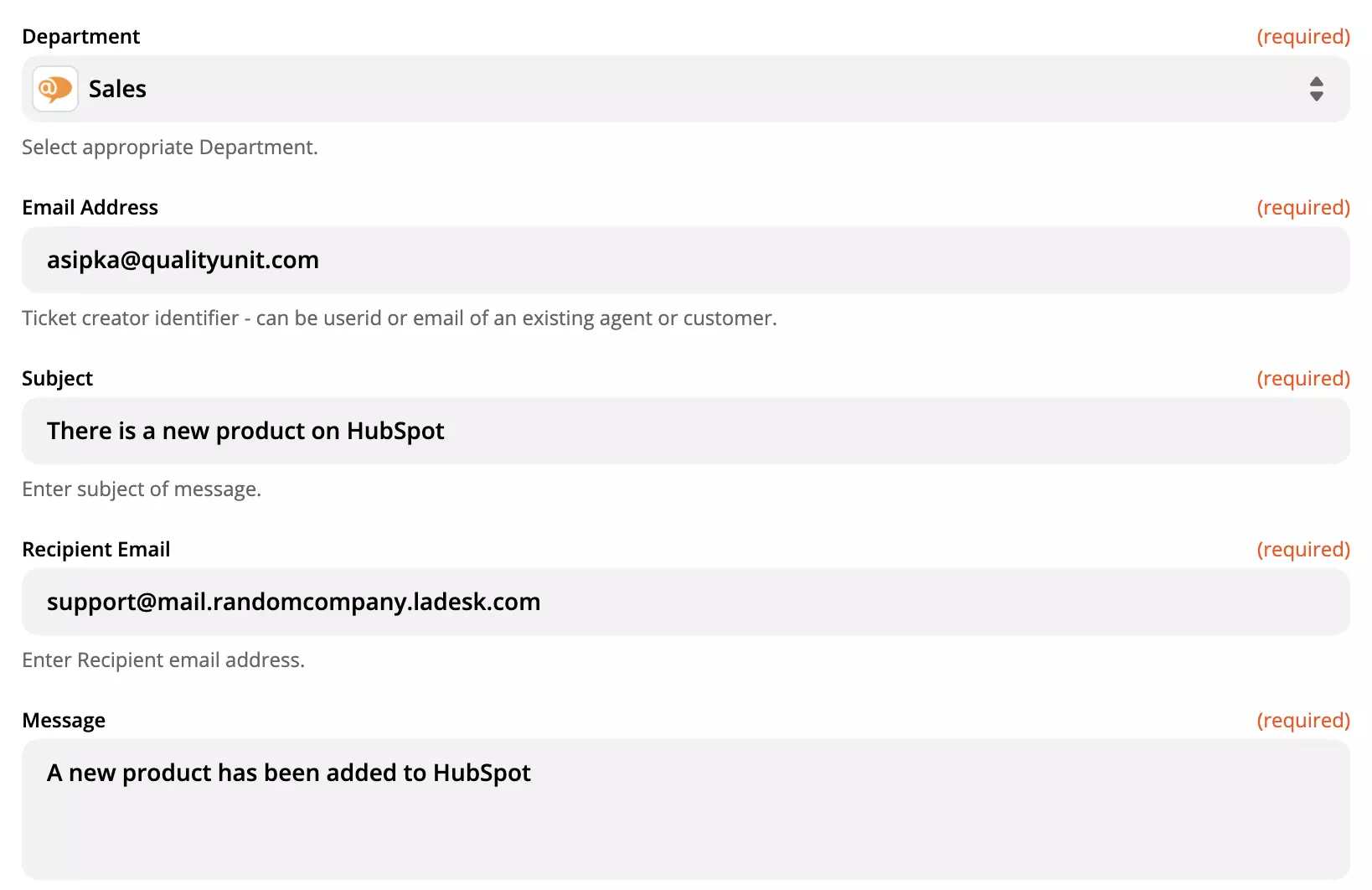 Configuración de acción de LiveAgent en Zapier