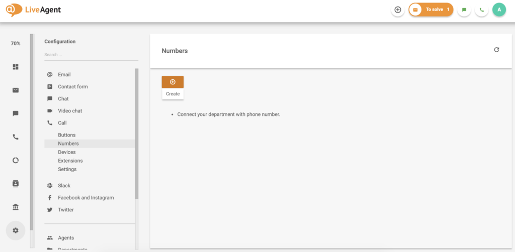 Pantalla de número de llamada de LiveAgent con la opción de crear un nuevo número