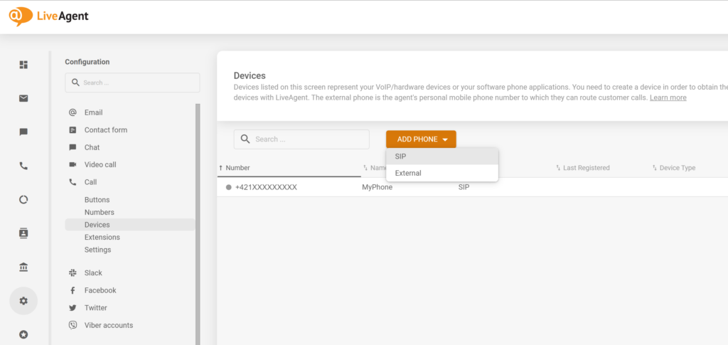Cómo añadir un nuevo teléfono SIP en la configuración de LiveAgent