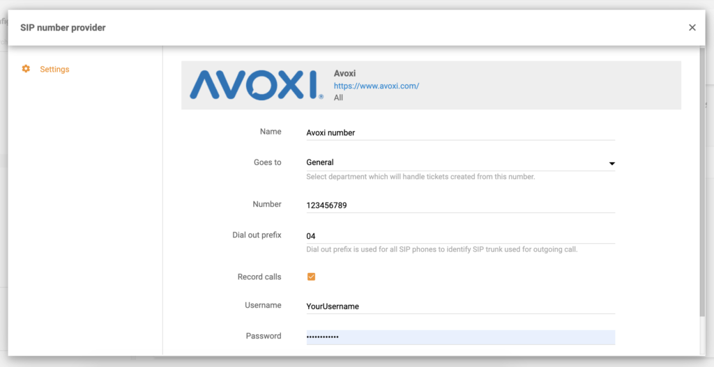 Configuración de Avoxi en la configuración de LiveAgent