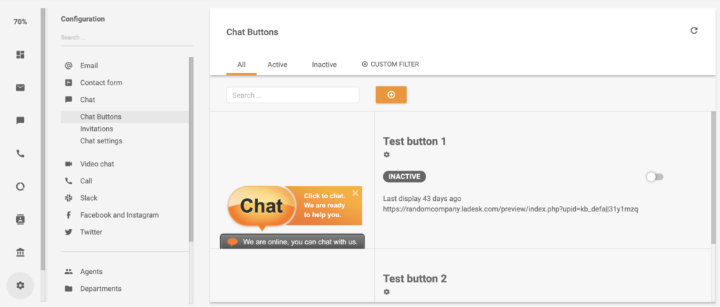 Sección de botón de chat en la configuración de LiveAgent