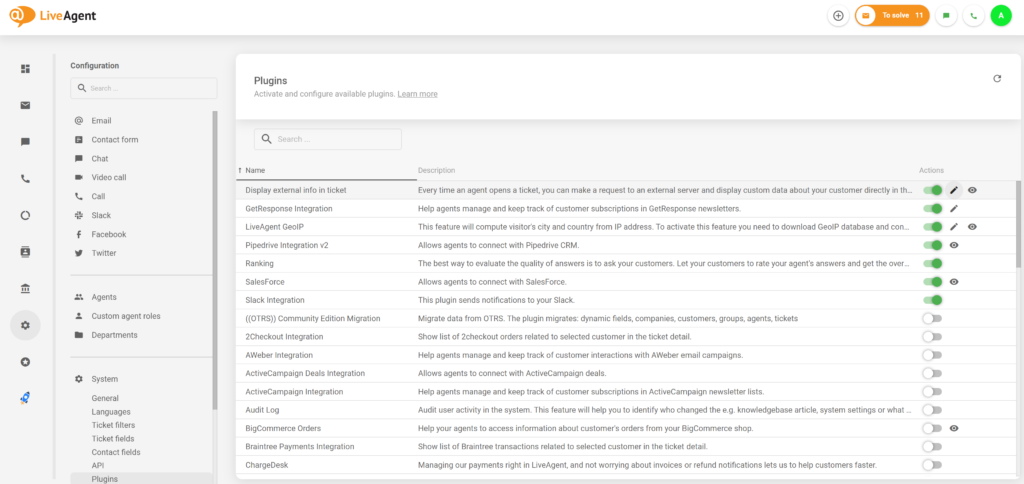 Complemento de información externa activo en la configuración de LiveAgent