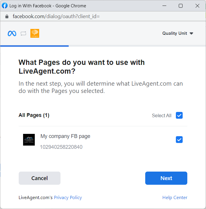 Ventana emergente para elegir qué páginas de Facebook integrar con LiveAgent