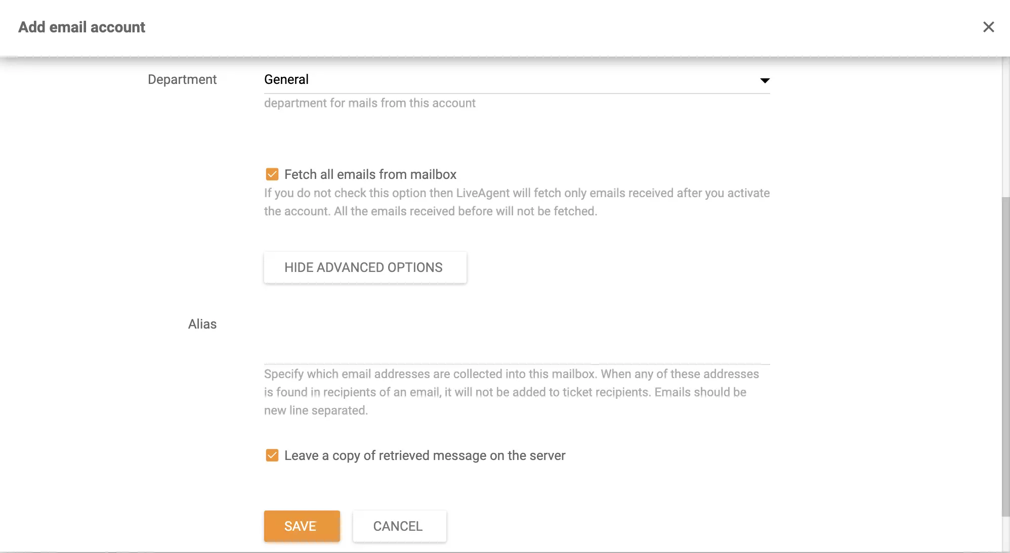 Agregar cuenta de correo en LiveAgent