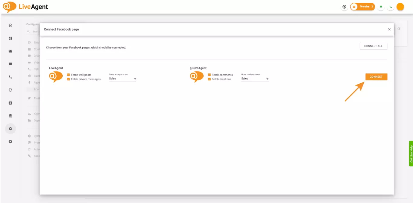 Marcando casillas en la configuración que permiten a LiveAgent obtener comentarios y menciones