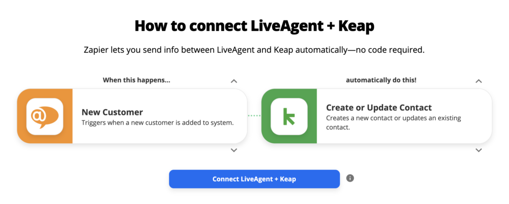Opciones de integración de LiveAgent y Keap en Zapier