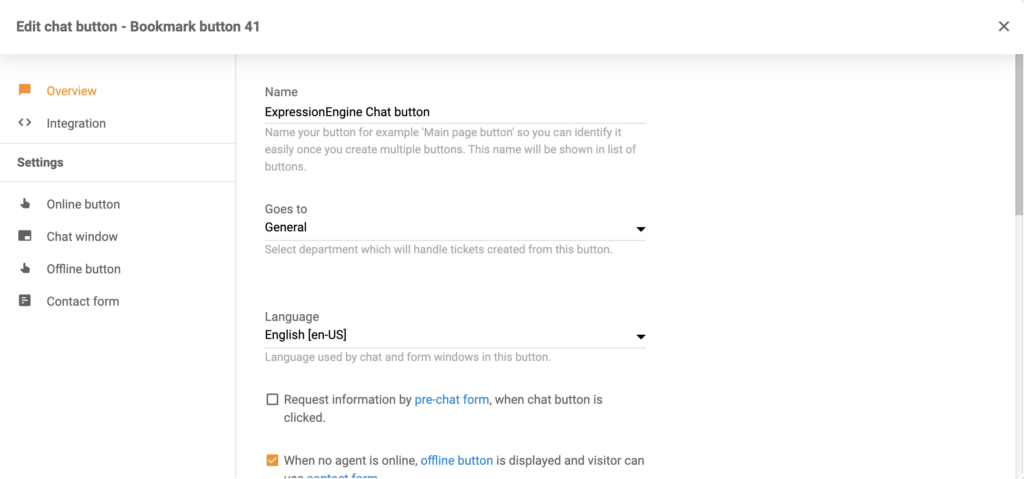 Opciones de configuración del botón de chat en LiveAgent
