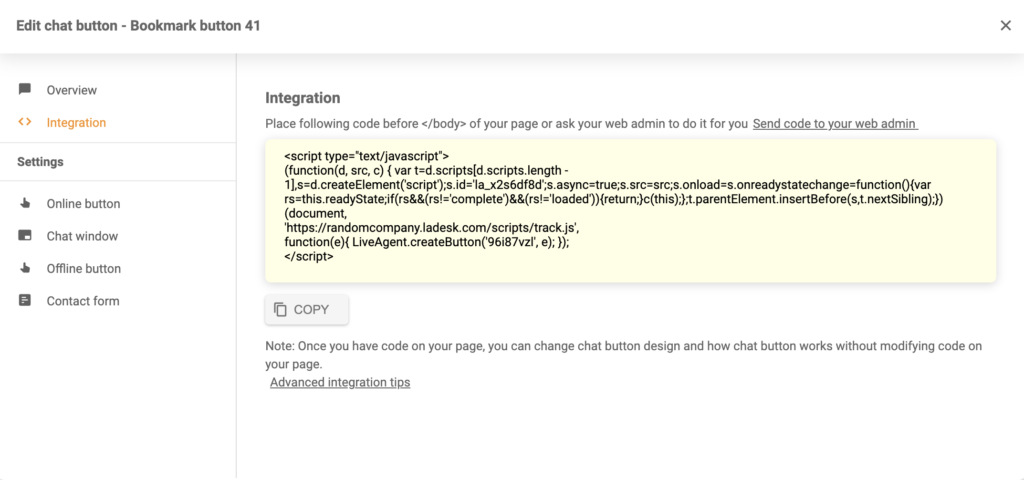 Código de integración del botón de chat generado en LiveAgent