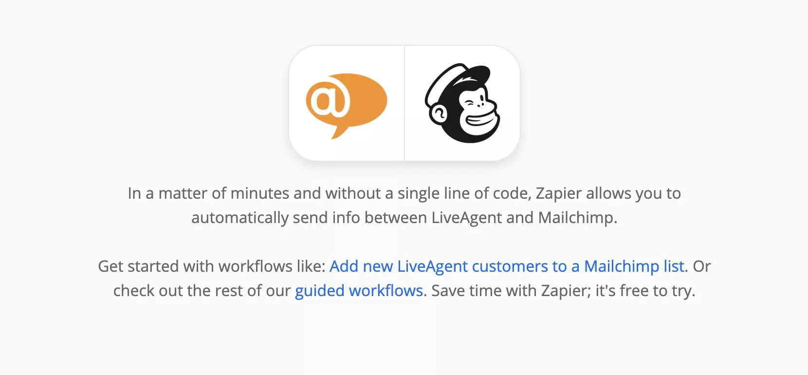 Página de integraciones de LiveAgent y Mailchimp en Zapier