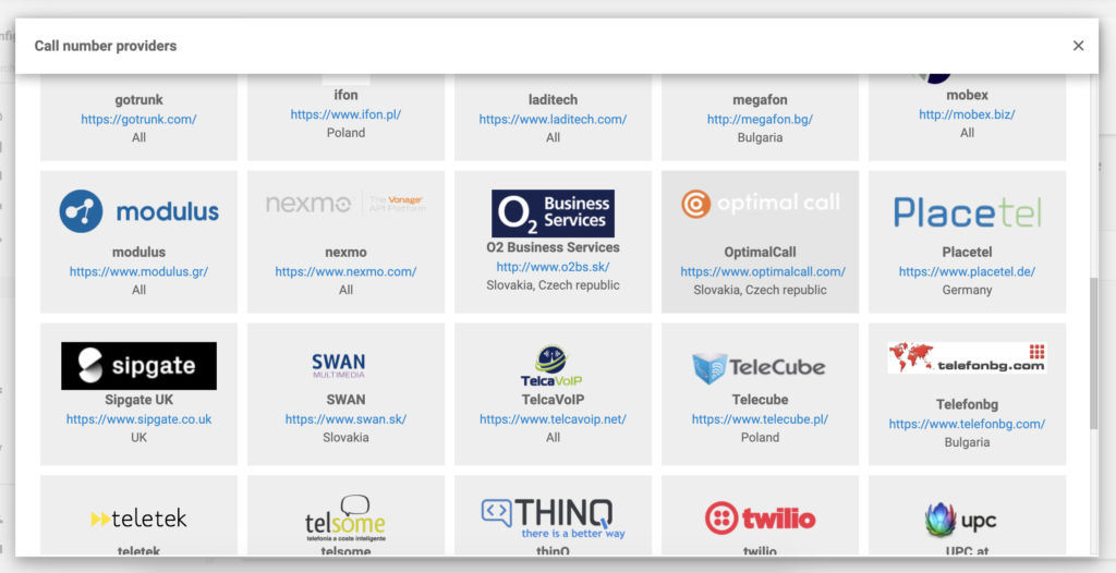 Optimal Call en la lista de proveedores de VoIP