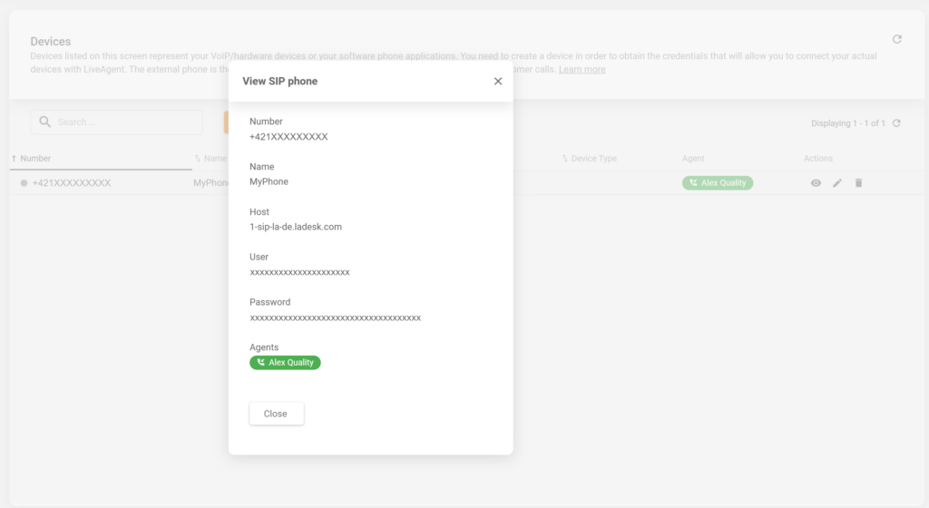 Detalles de un teléfono SIP recién creado en la configuración de LiveAgent