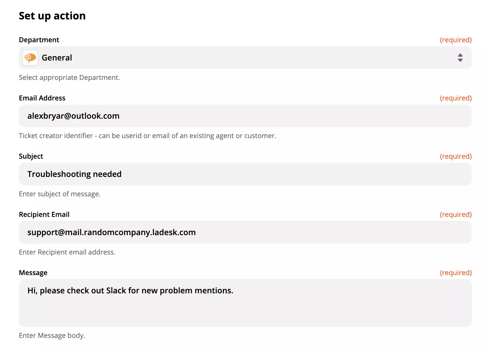 Configuración completada de acción de LiveAgent
