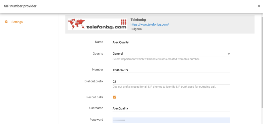 Configuración de TelefonBG al agregar un nuevo número de centro de llamadas en LiveAgent