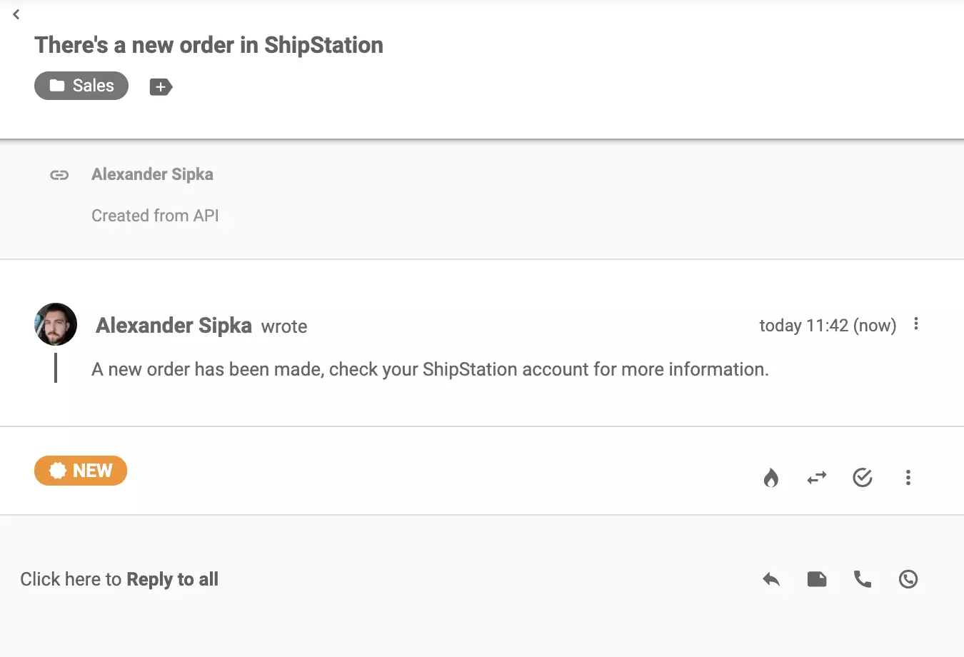 Mensaje de ShipStation enviado después de que se ha realizado un nuevo pedido