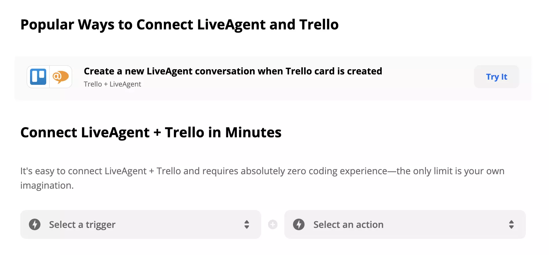 Integración de LiveAgent y Trello en Zapier con selección de Trigger y Action