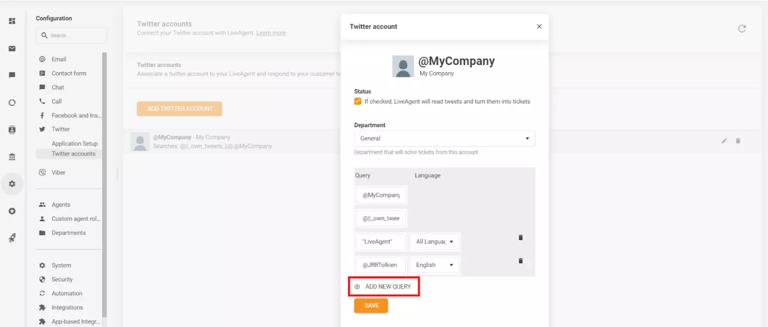La imagen muestra cómo definir parámetros específicos y personalizar qué tweets (publicaciones) deseas convertir en tickets