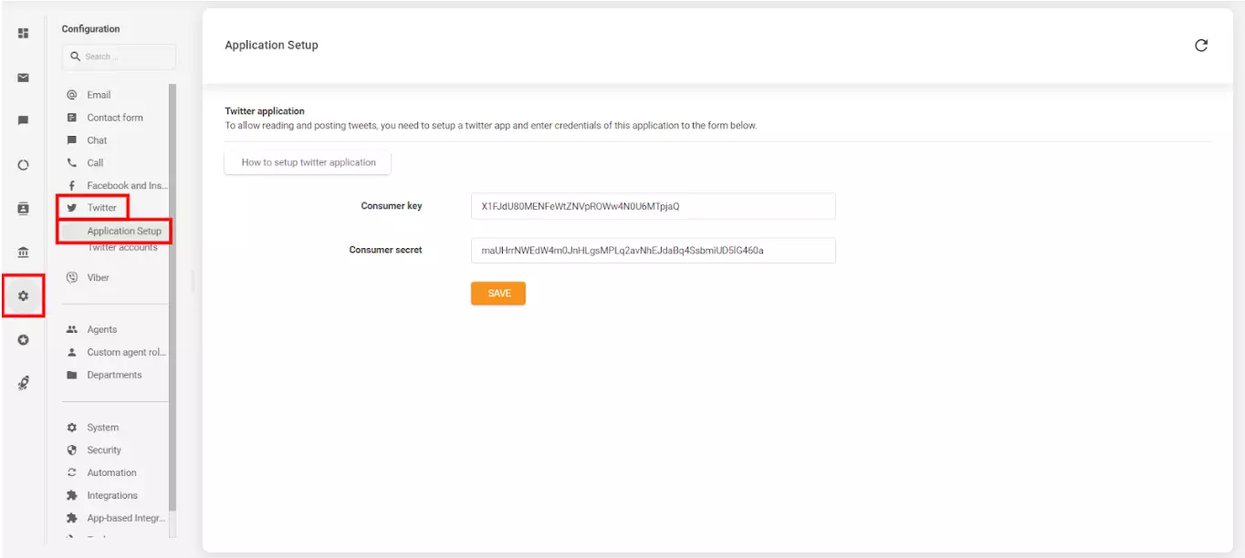 La imagen muestra dónde y cómo conectar tu cuenta de LiveAgent con tu cuenta de Twitter (X) creada