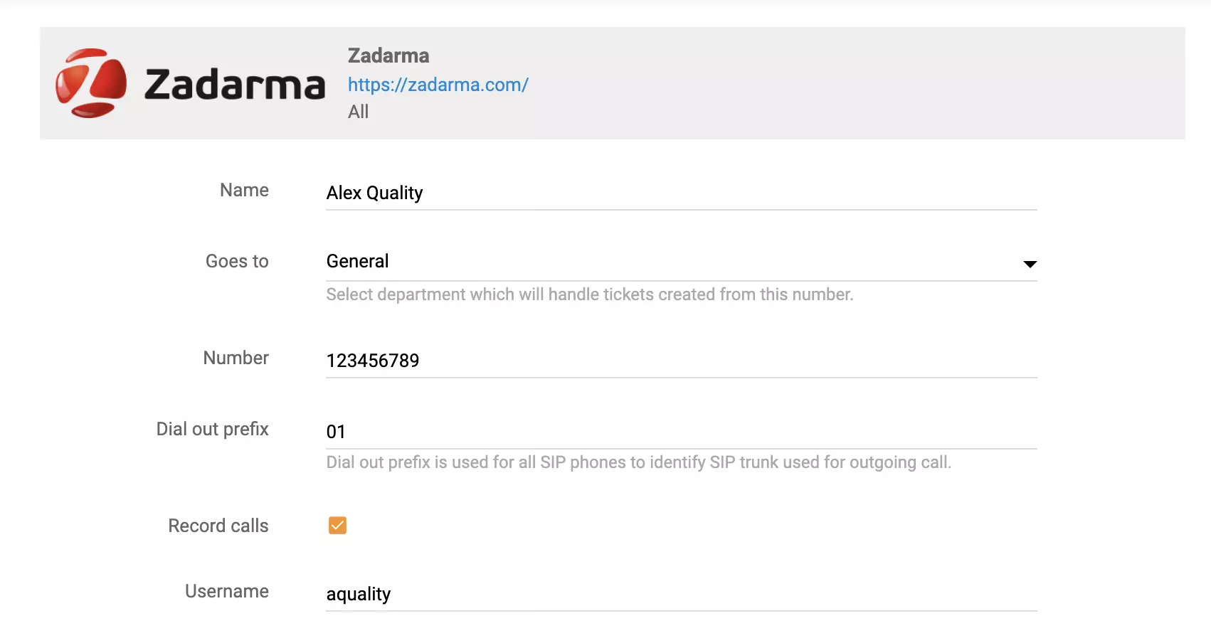 Opciones de configuración de llamadas de Zadarma en LiveAgent