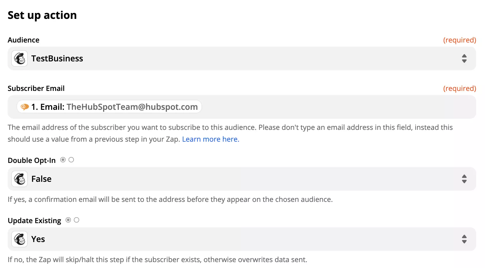 Configuración de la acción de Mailchimp