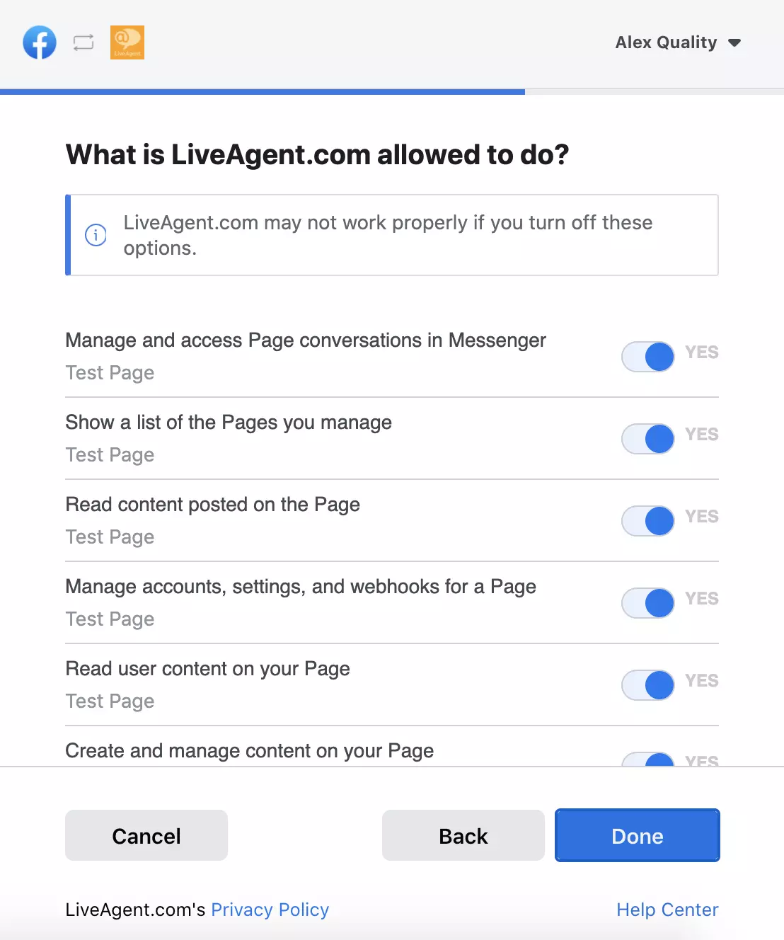 Lista de permisos que muestra qué datos puede acceder LiveAgent