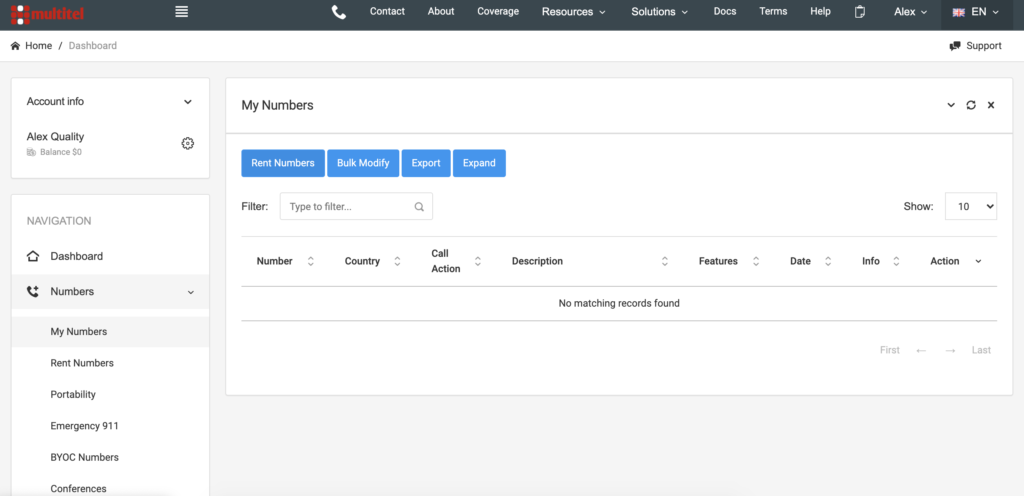 Panel de MultiTEL con opciones de número