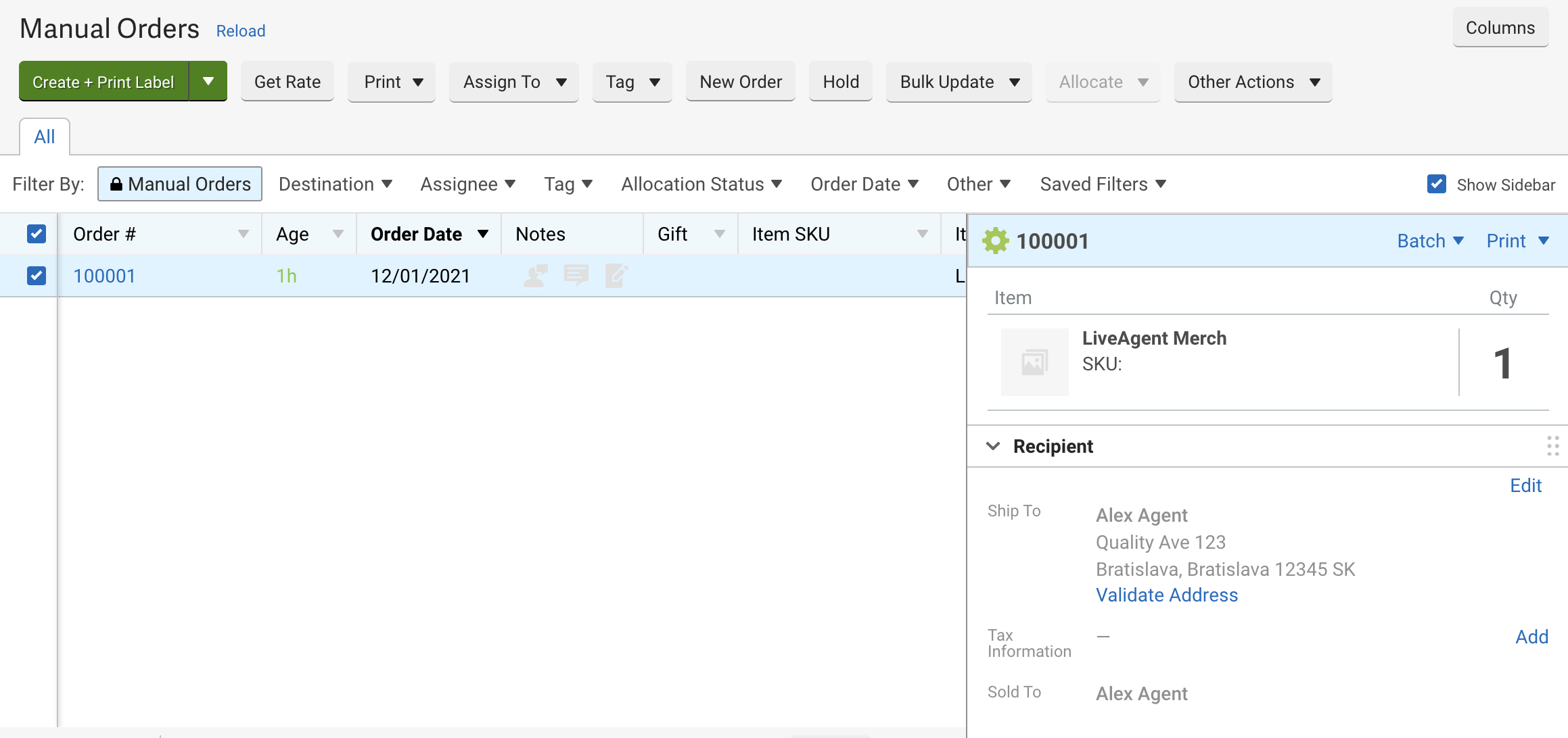 Un nuevo pedido creado en ShipStation