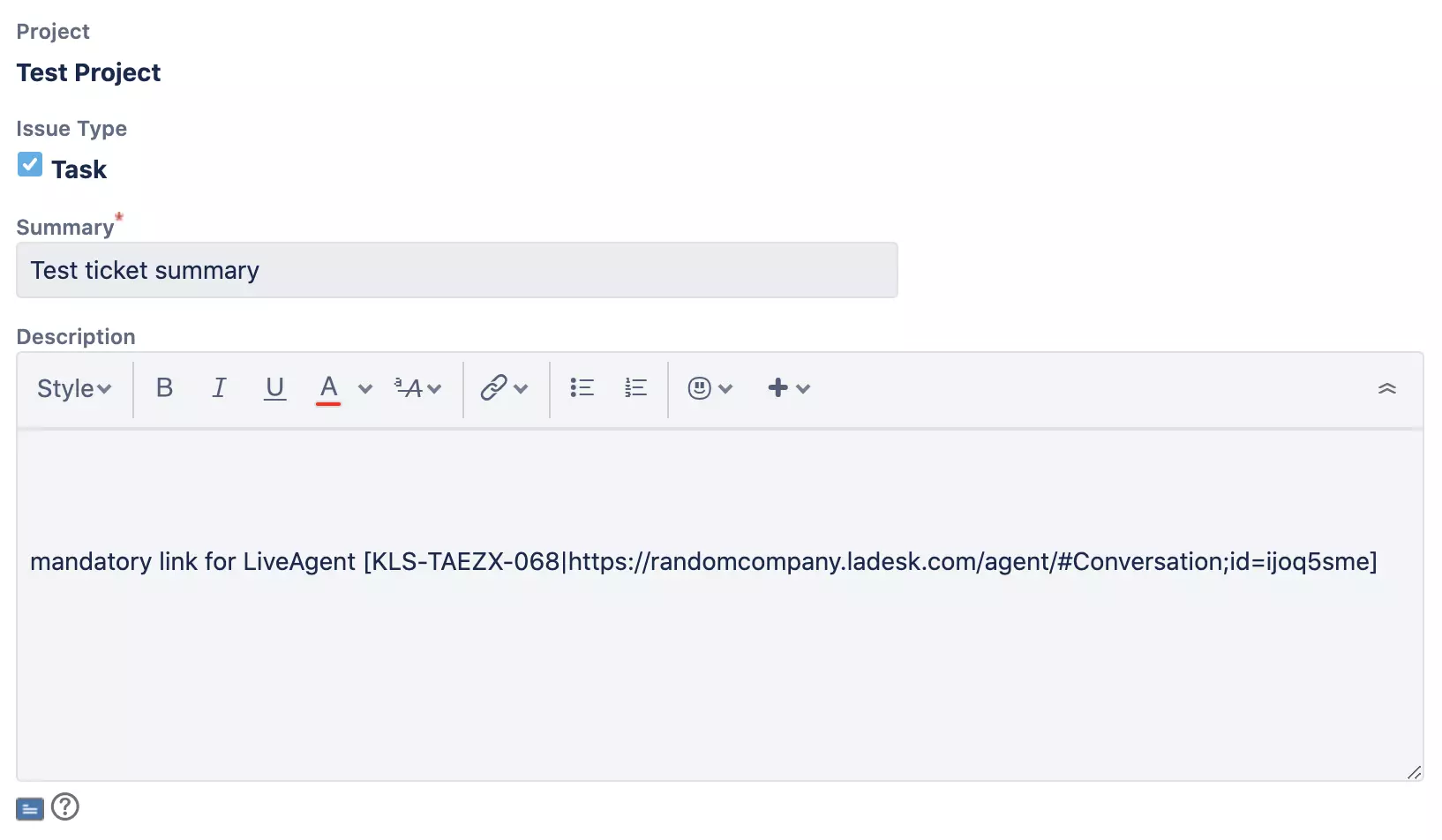 Una nueva ventana de Jira con creación y descripción del nuevo problema