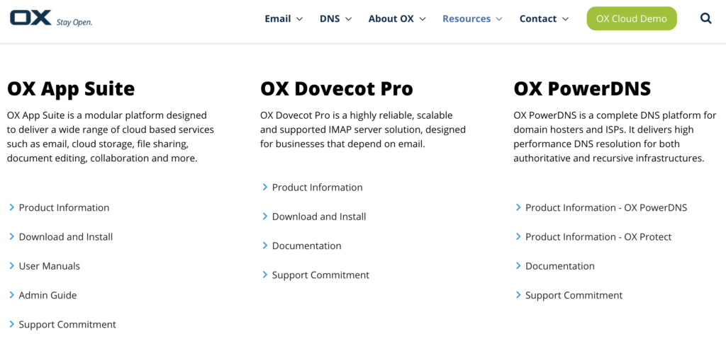 Sitio web de Open-Xchange con opciones de descarga y guías