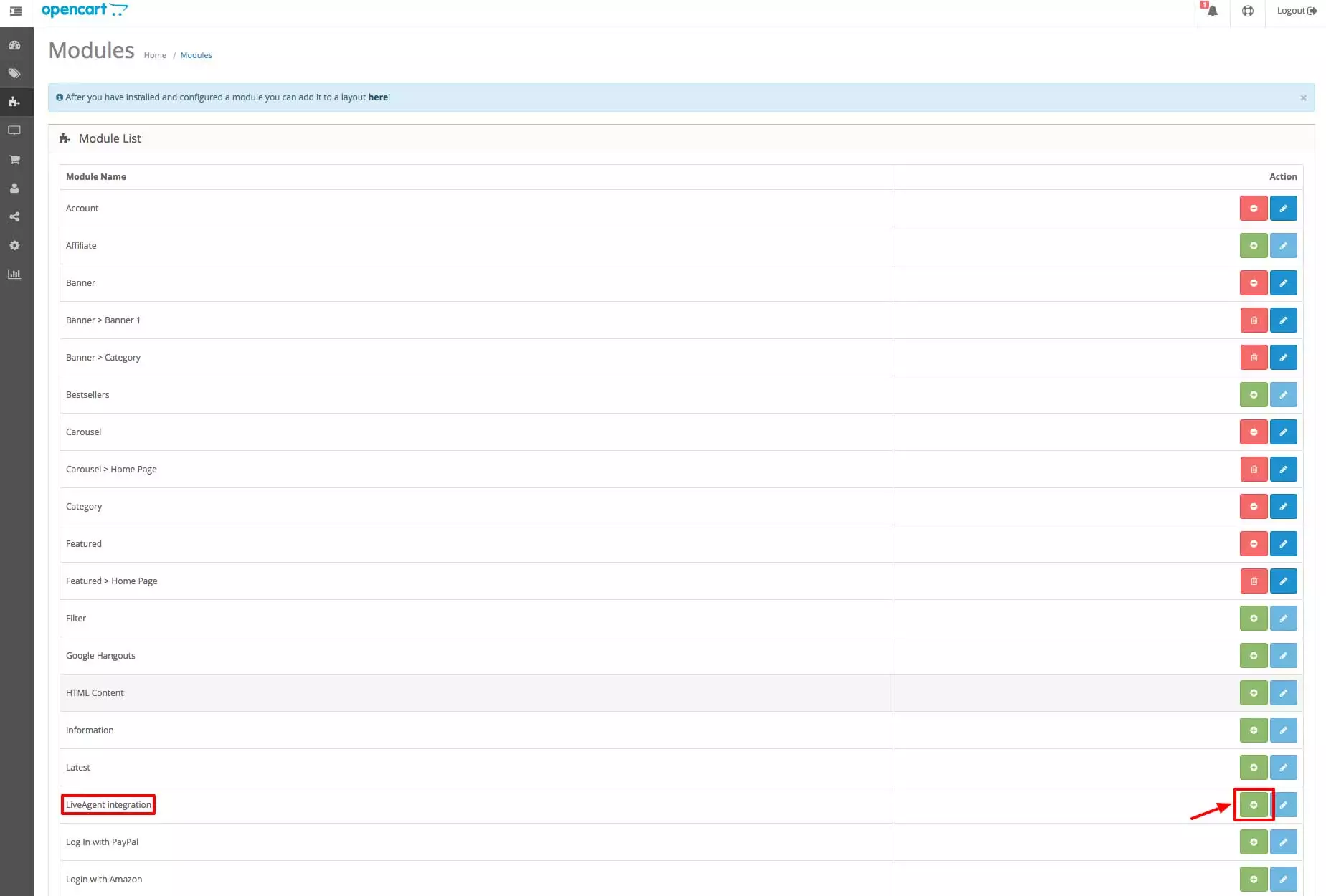 Integración de OpenCart LiveAgent - Sección de módulos