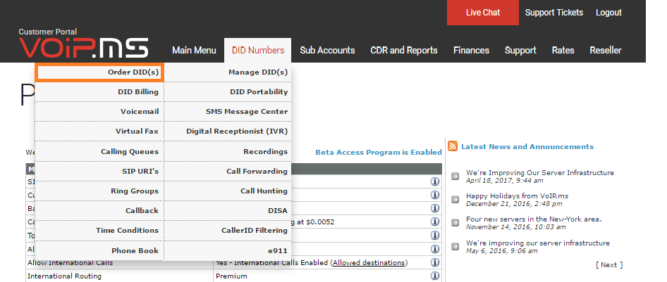 Sección de números DID en VoIP.ms