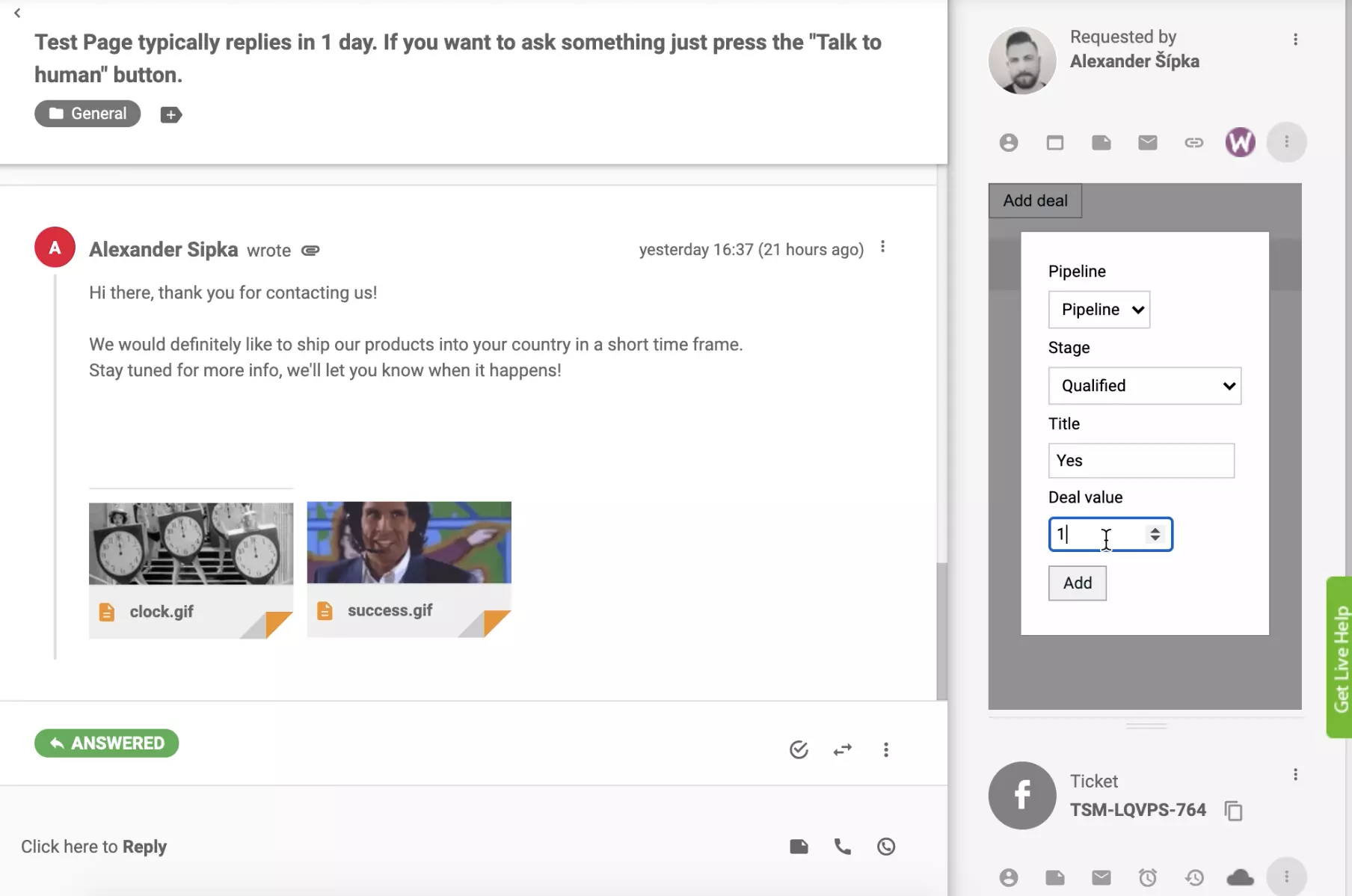 Agregar un acuerdo con la integración de PipeDrive CRM en la vista de tickets de LiveAgent