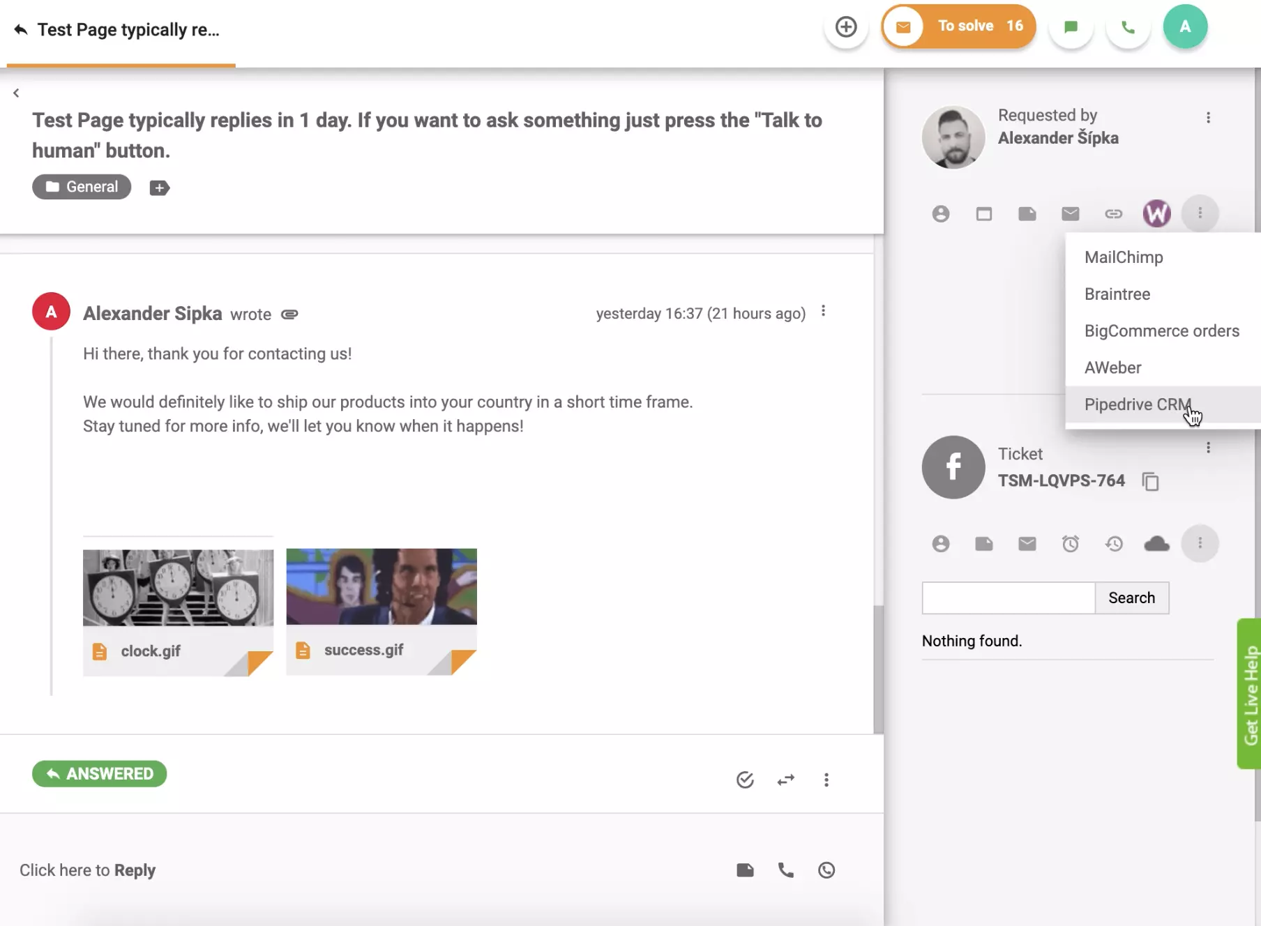 PipeDrive CRM está activo en la vista de tickets de LiveAgent