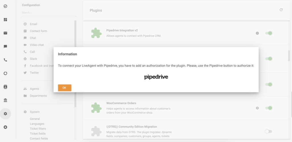 Haz clic en el logo de PipeDrive para continuar con la integración de PipeDrive para LiveAgent