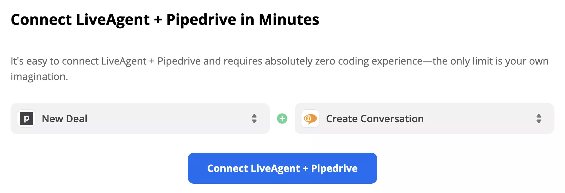 Disparador de PipeDrive y acción de LiveAgent seleccionados en Zapier