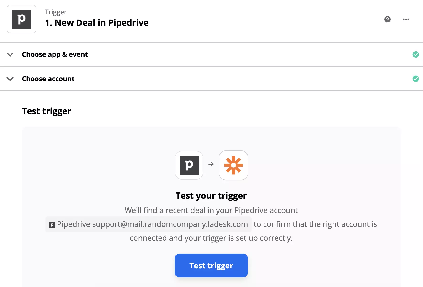Prueba de disparador de PipeDrive después de la configuración del disparador en Zapier