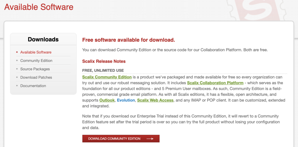 Sitio web de Scalix con descargas disponibles e información de ediciones