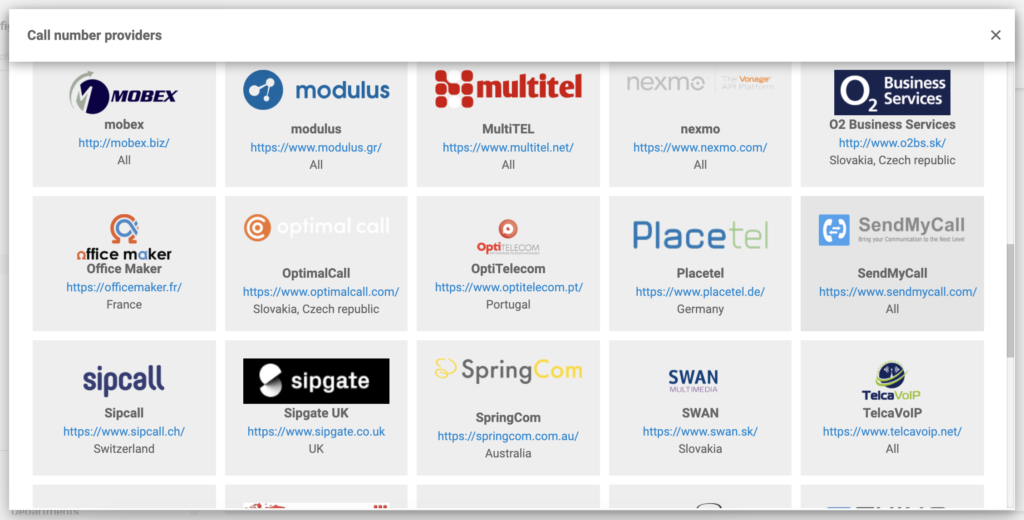 SendMyCall en la lista de proveedores de VoIP en la configuración de LiveAgent