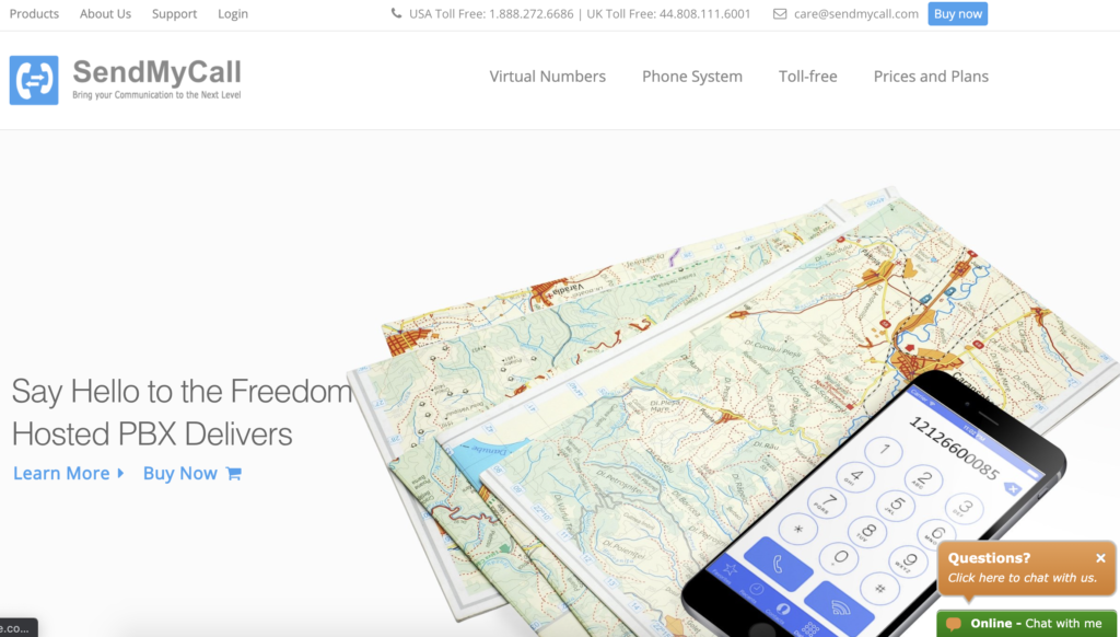 Página de inicio de SendMyCall con botón Comprar ahora en la esquina superior derecha