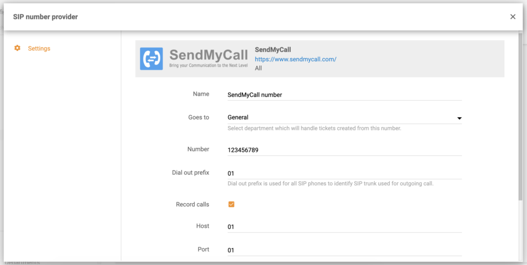Configuración del número de SendMyCall en LiveAgent