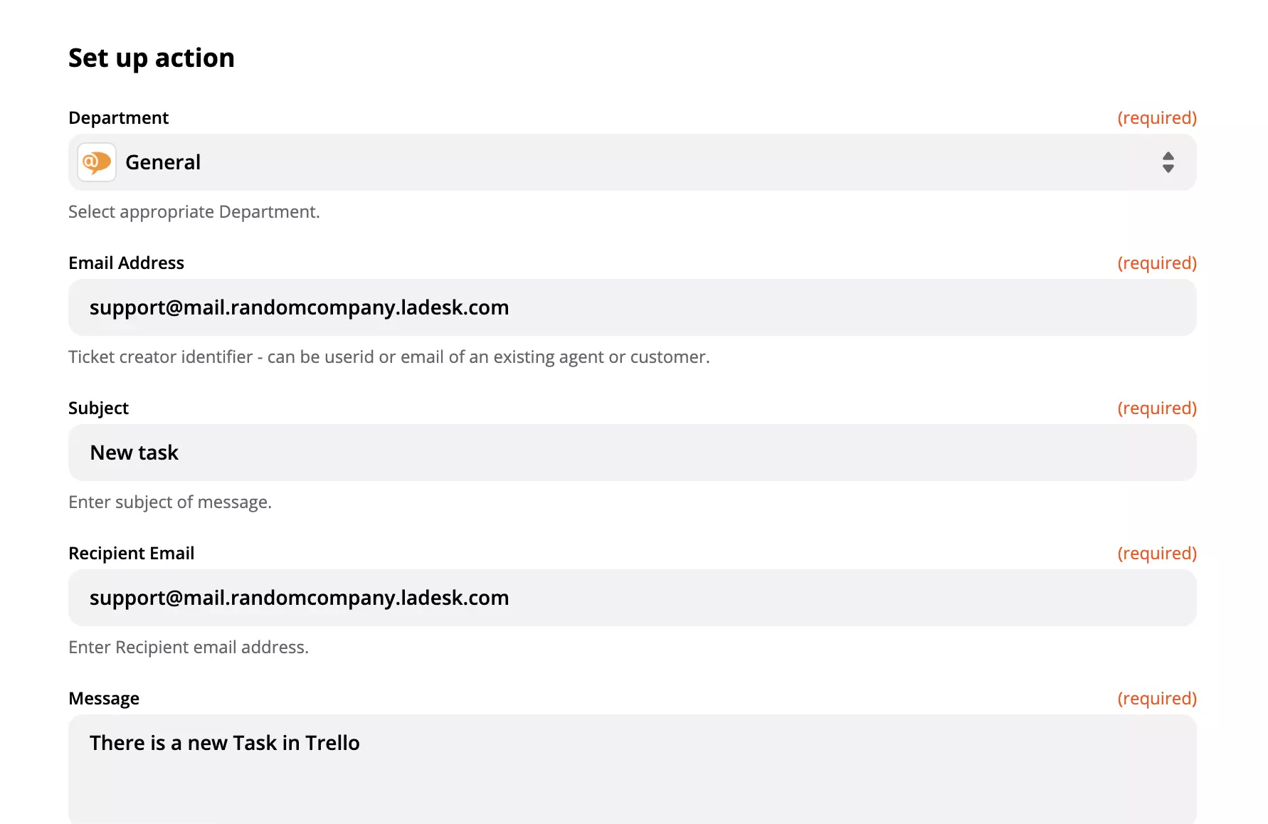 Opciones de personalización de la acción Crear conversación de LiveAgent