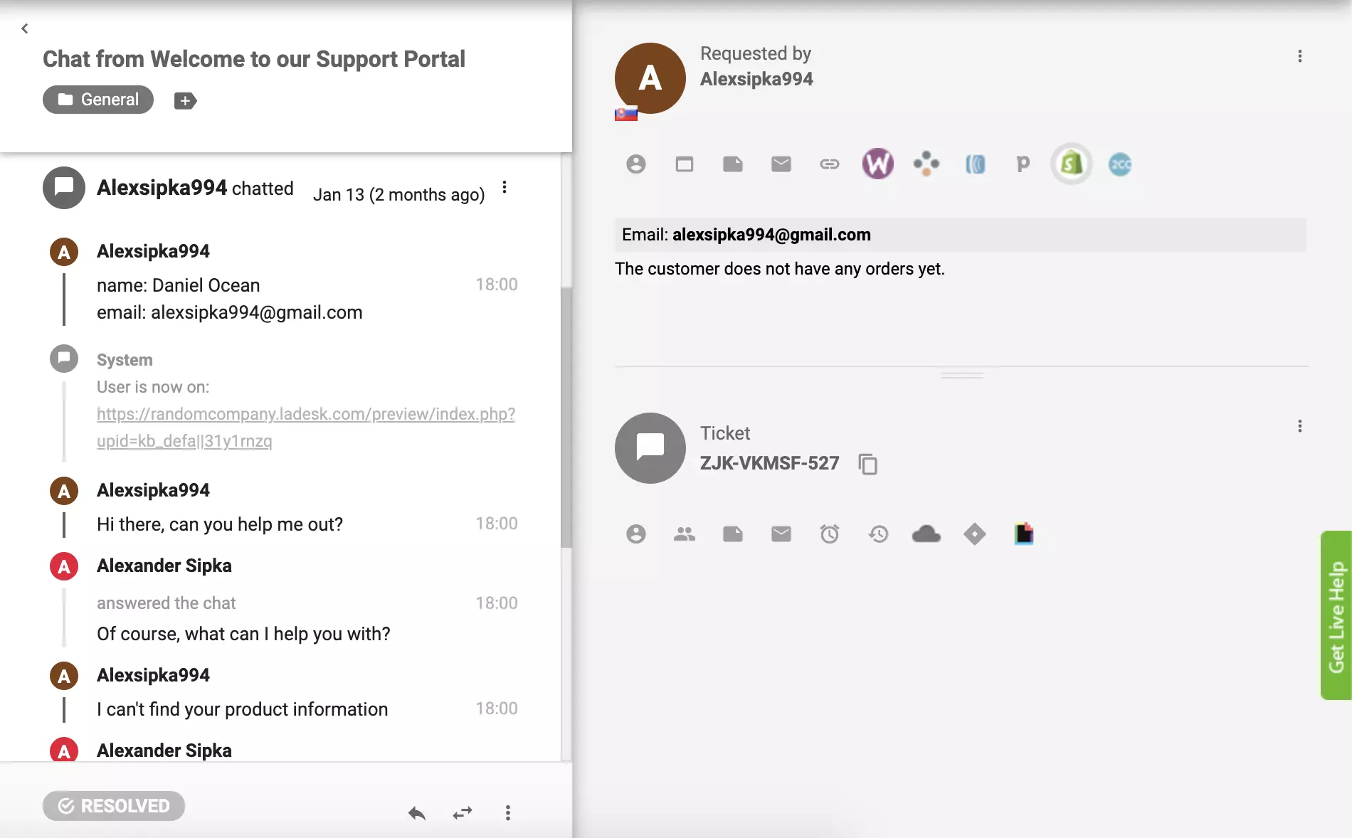 El complemento de Shopify está activo en LiveAgent y los pedidos de los clientes se pueden ver desde la vista de tickets