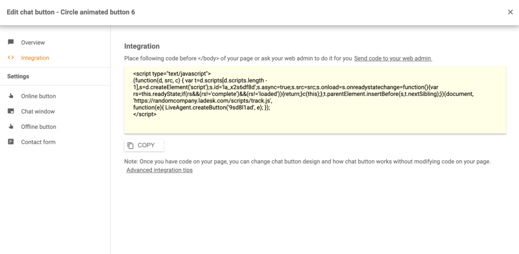 Código de integración del botón de chat de Silverstripe en LiveAgent