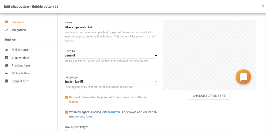 Configuración del botón de chat de Silverstripe en LiveAgent